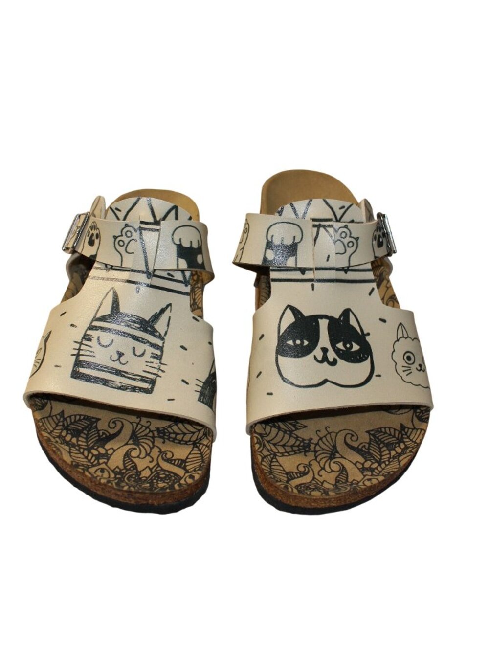 New Calceo Cork Footbed Slide Sandals 7.5 38 Cream Cat Print Doodle Comfort